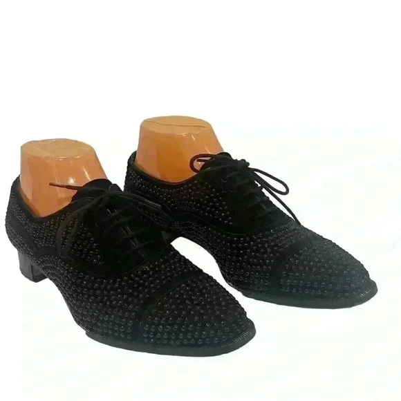Manolo Blahnik Women’s Oxford Perlita Black Suede Studded Lace Up Sz 37.5/ 7.5 - Picture 1 of 14